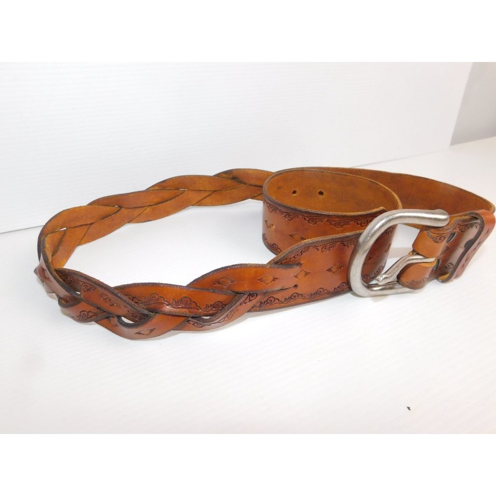 Braided/Tooled Leather Belt Silver Buckle Vintage Large 42"